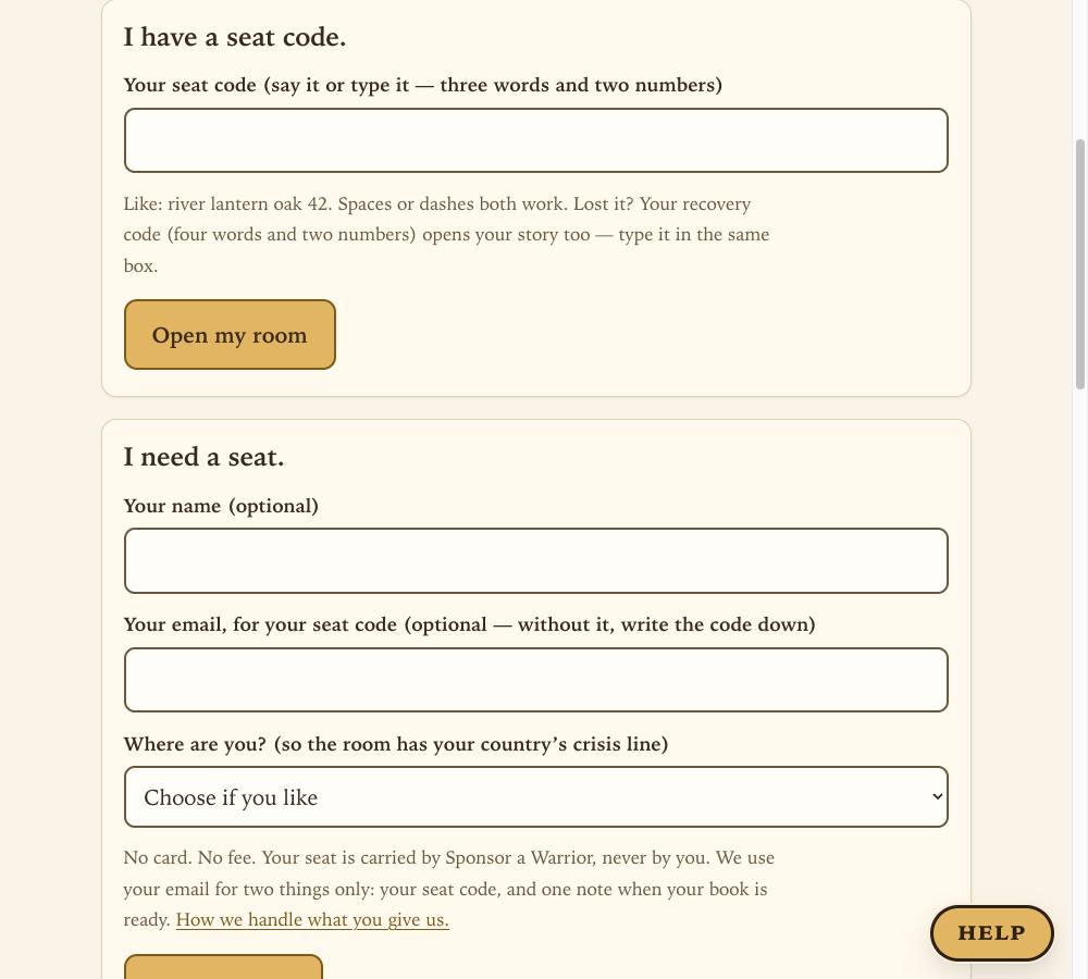 The door page: a box for your seat code with the button Open my room, and below it the form to open a seat: name, email and country, each optional.