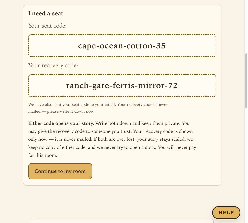 A new seat code and a recovery code, each in a large dashed box, with the words Either code opens your story and the button Continue to my room.