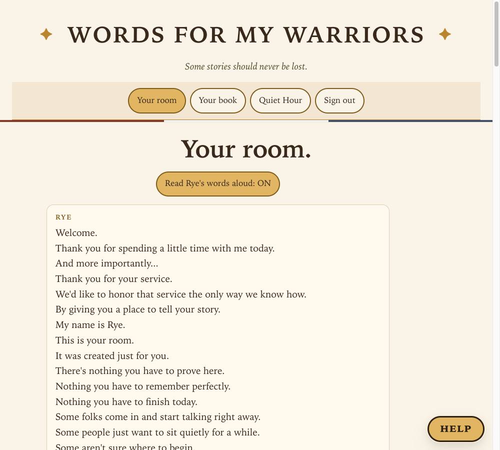 The room page: the button Read Rye's words aloud, ON, and Rye's welcome beginning Welcome. Thank you for spending a little time with me today.
