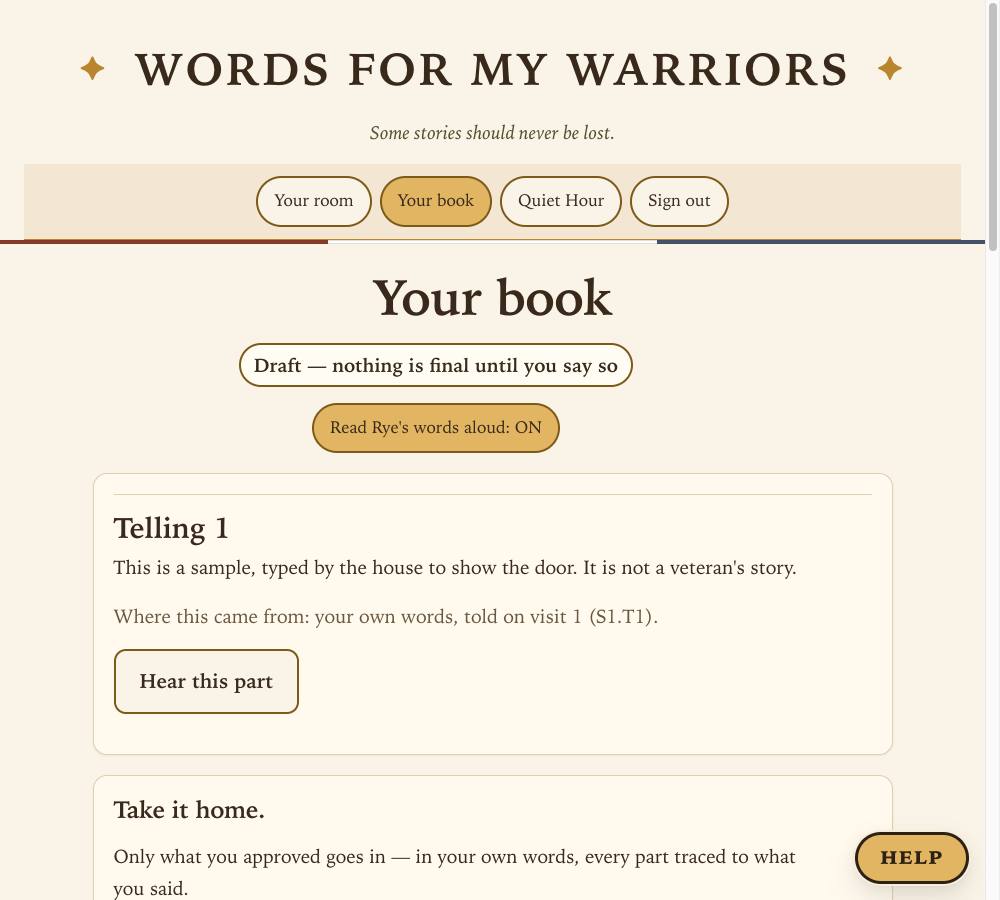 The book page marked Draft, with one telling in the teller's own words, a line saying where it came from, and a button Hear this part.