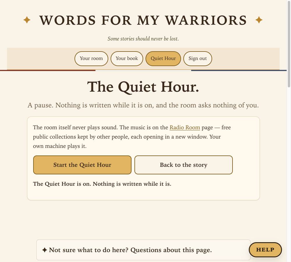 The Quiet Hour page with the buttons Start the Quiet Hour and Back to the story.