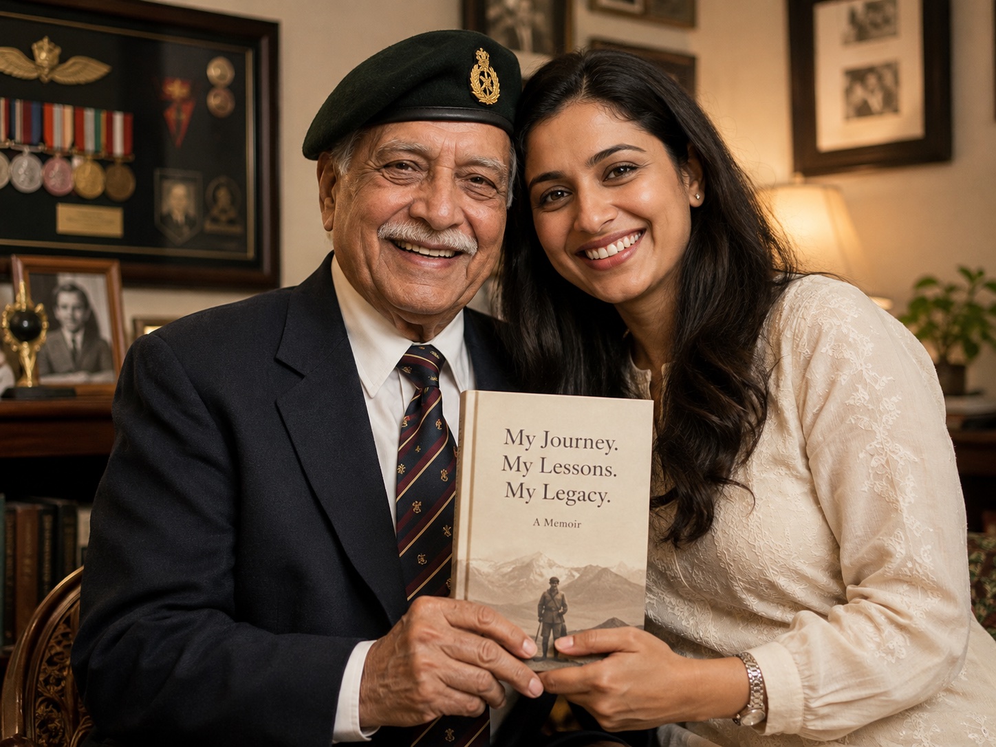 An older veteran in a dark beret and blazer stands with his daughter in his study, the two of them holding up his finished memoir, his framed medals and old family photographs on the wall behind them.