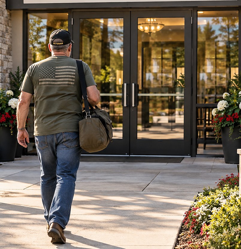 A veteran in a cap that reads VETERAN and an olive shirt with a flag across the back, a bag over his shoulder, walks up a sunlit path toward a pair of glass doors, with white and red flowers on either side.