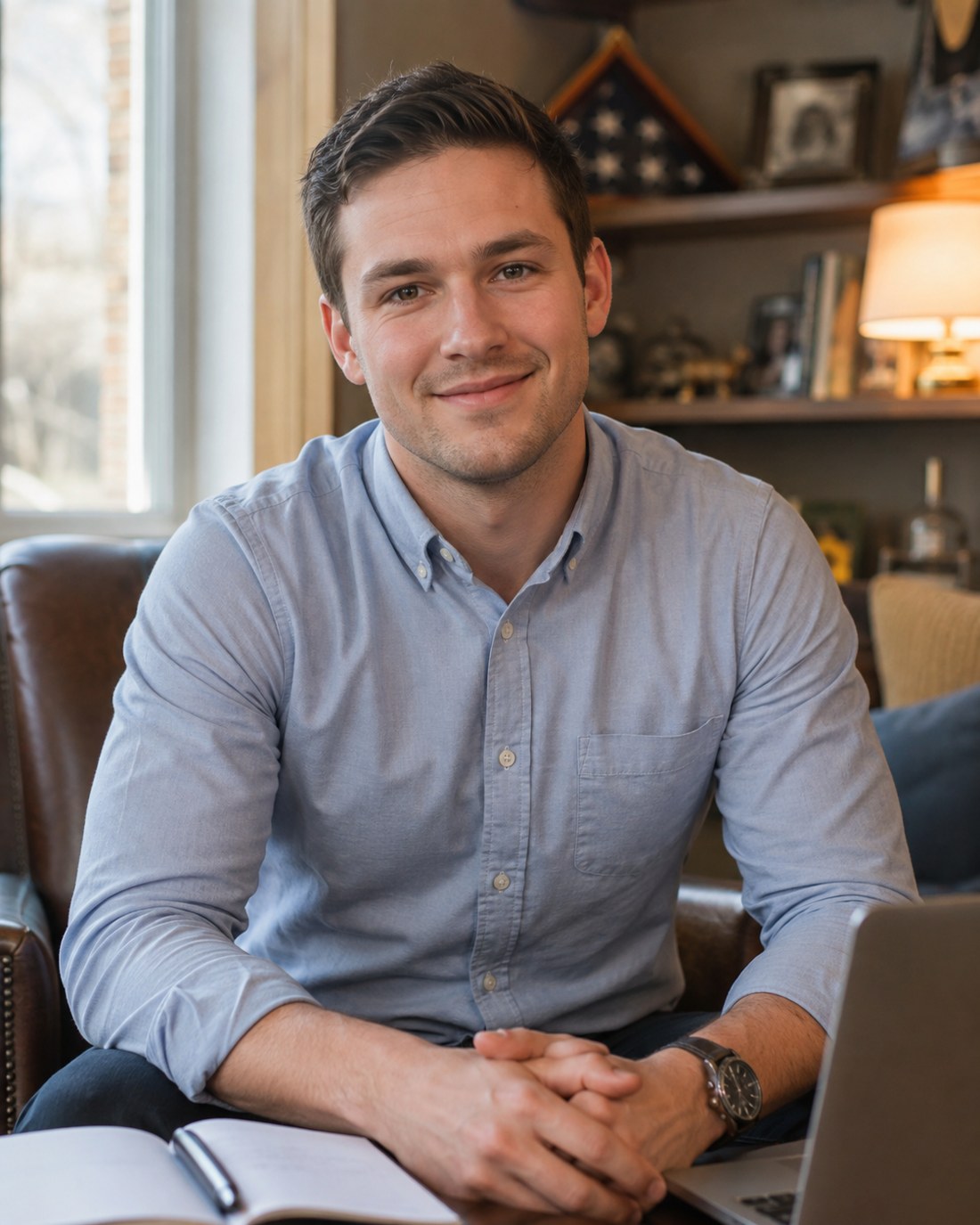 Rye — the room’s companion — in his chair by the window, the folded flag on the shelf behind him.