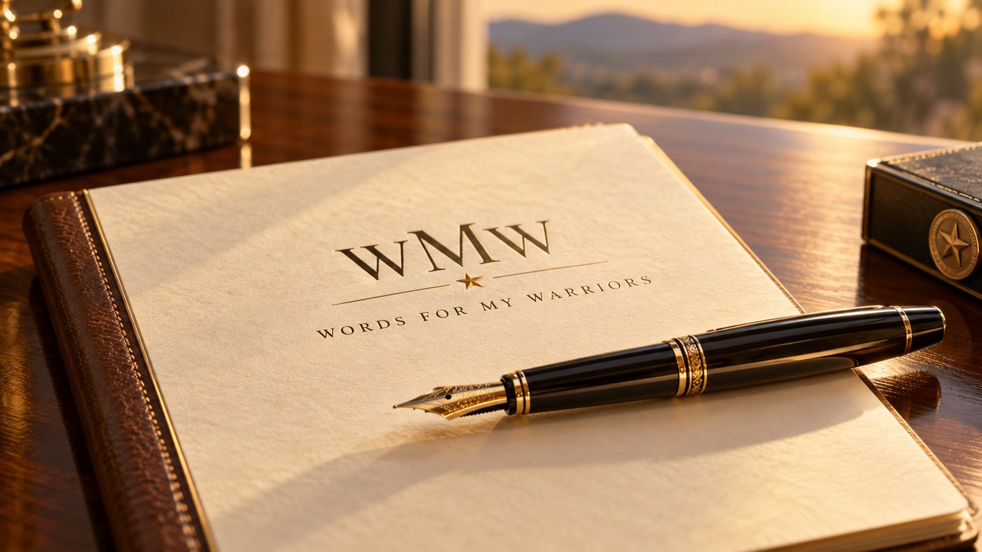 A cream leather-bound journal lies on a polished desk in evening light, its cover embossed WMW — Words for My Warriors, a black-and-gold fountain pen resting across it and hills beyond the window.