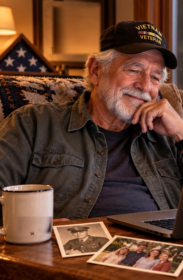 An older veteran in a cap that reads VIETNAM VETERAN sits in an armchair at home, smiling at an open laptop, a hand at his chin; a folded flag in its case behind him, a white mug, an old service portrait and a family photograph on the desk.