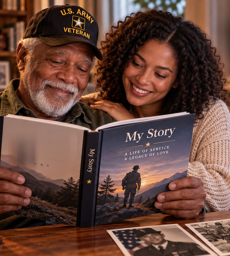 An older Army veteran in his U.S. Army Veteran cap sits with his daughter at the table, the two of them reading his finished book together, its cover reading My Story, two of his old service photographs lying beside it.